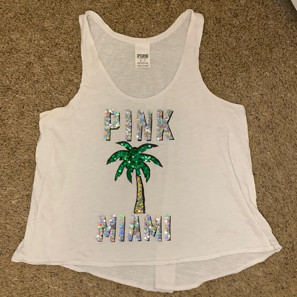 PINK Victoria’s Secret Sequin Miami Palm Tree Racerback Tank Top